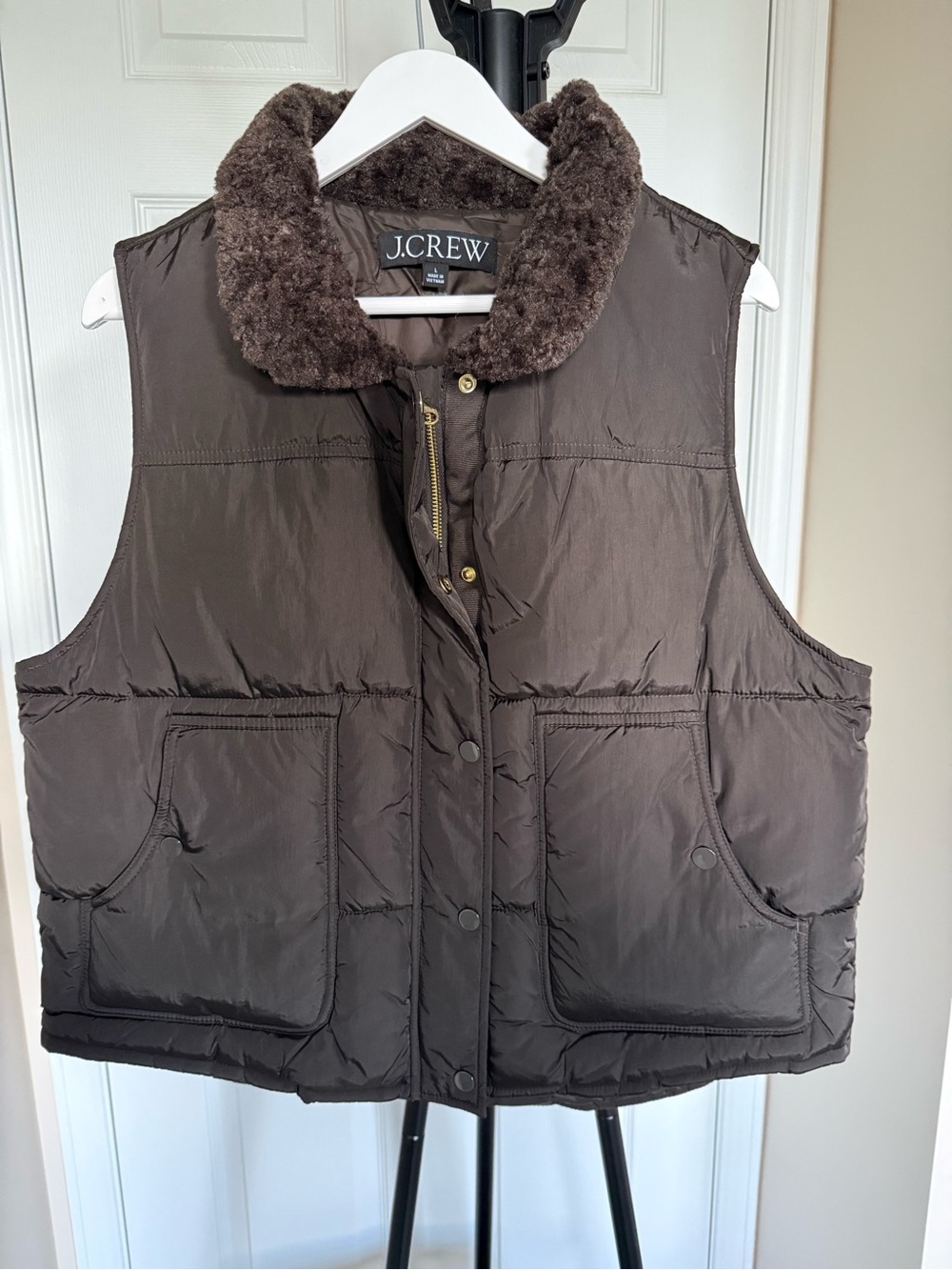 J Crew Mossy Brown Puffer Vest with Prima Loft